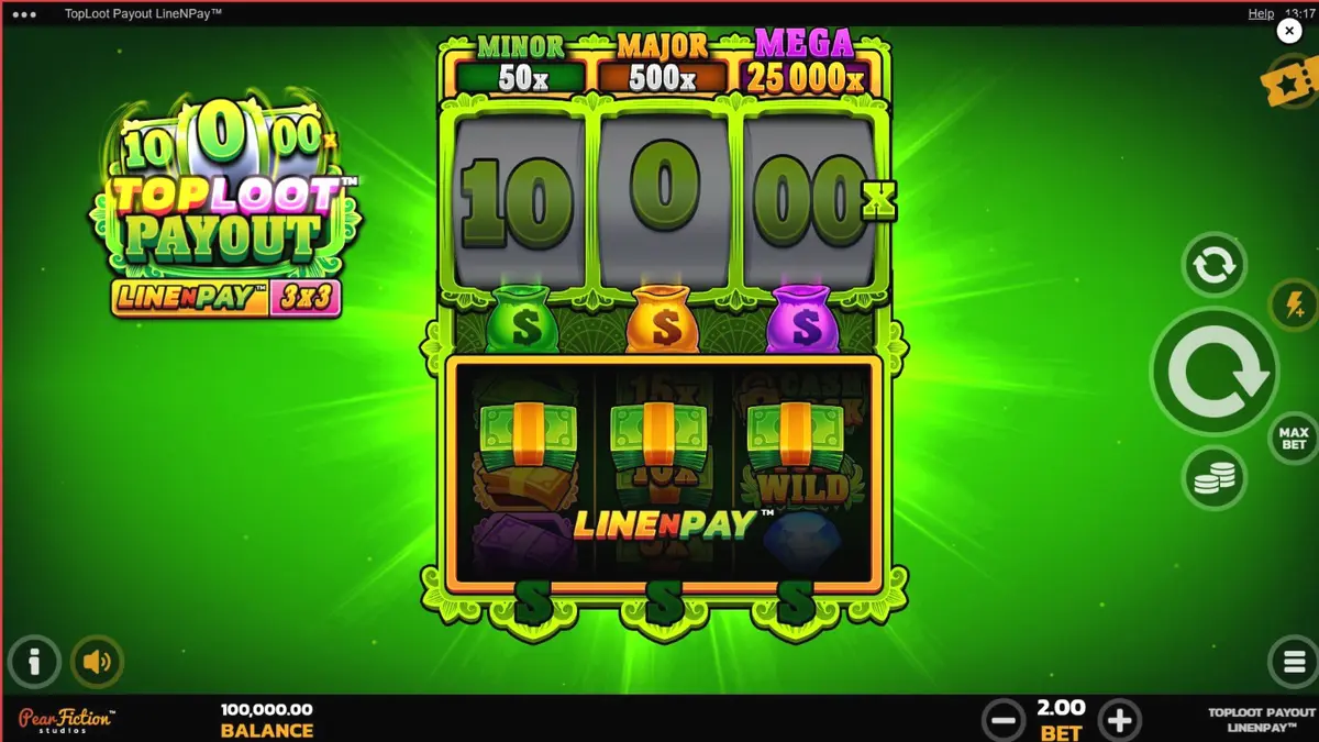 Tampilan visual slot TopLoot Payout LineNPay dengan tema harta karun dan emas.